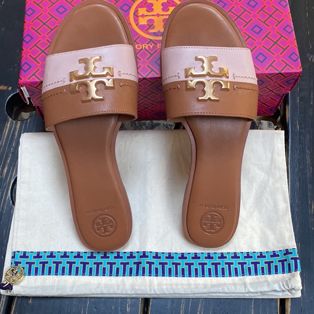 Tory Burch Everly Slides in Brown and Pink with Gold Logo